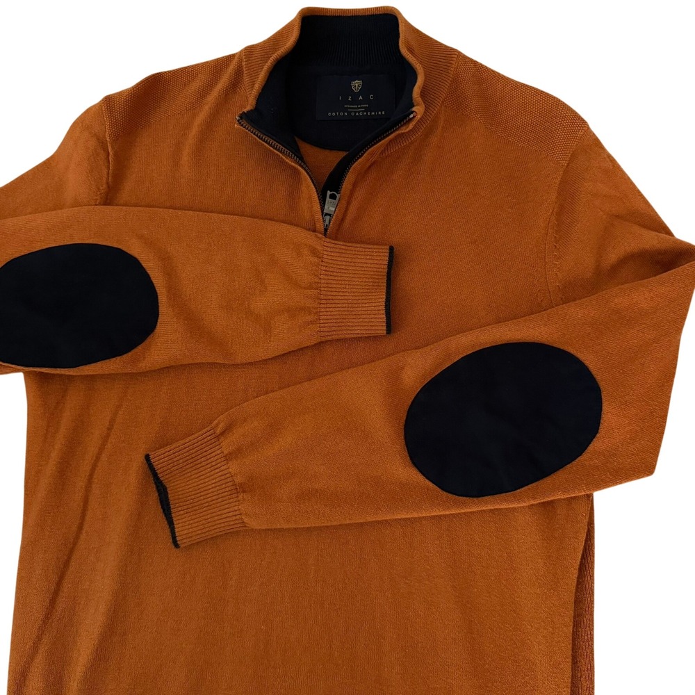 Izac Paris Quarter Zip Sweater Mens L Cashmere Blend Elbow Patches Burnt Orange